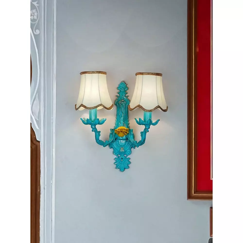 Fos Lighting Wall Sconce Light with Yellow Flower and Embroidered Scalloped Shades Blue Ornate 40 W