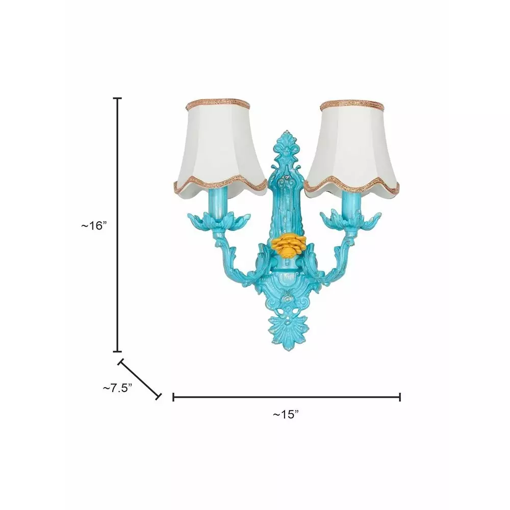 Fos Lighting Wall Sconce Light with Yellow Flower and Embroidered Scalloped Shades Blue Ornate 40 W