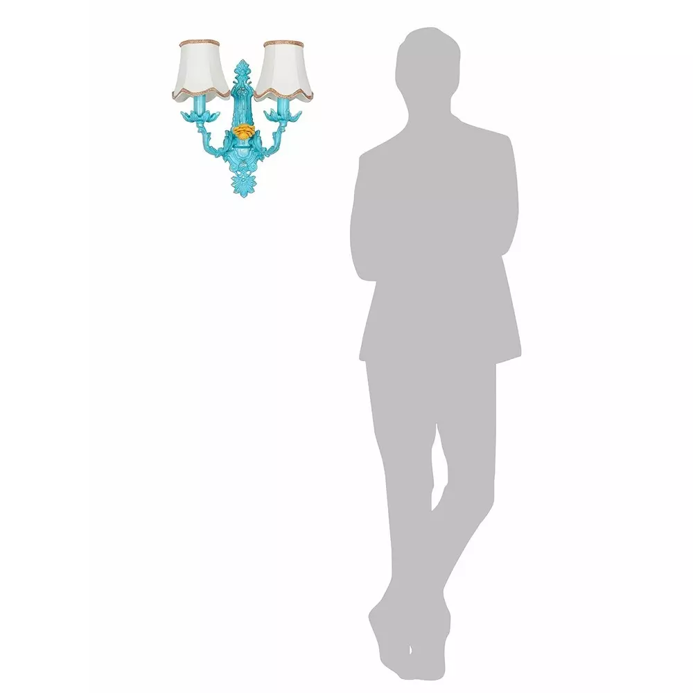 Fos Lighting Wall Sconce Light with Yellow Flower and Embroidered Scalloped Shades Blue Ornate 40 W