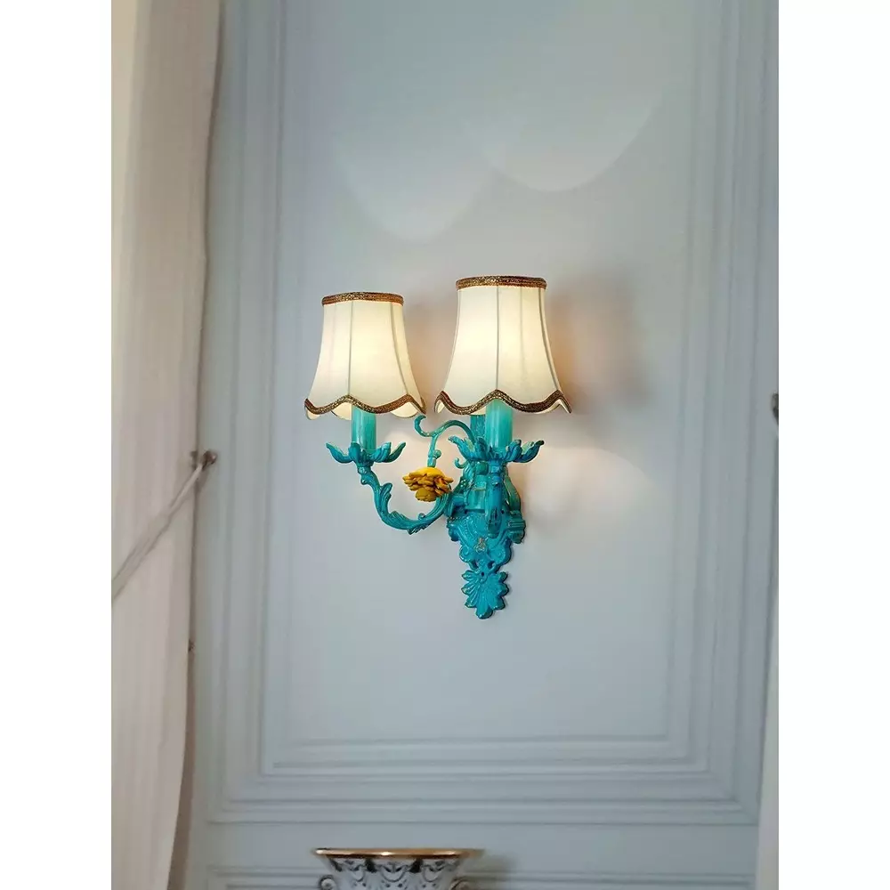 Fos Lighting Wall Sconce Light with Yellow Flower and Embroidered Scalloped Shades Blue Ornate 40 W
