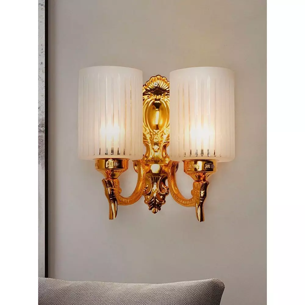Fos Lighting Traditional Double Wall Sconce Light with Frosted Hand-Cut Glass Gold Finish 40 W
