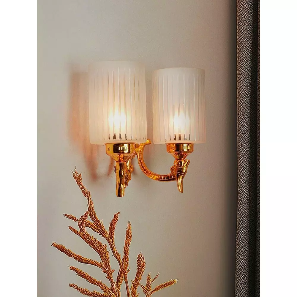 Fos Lighting Traditional Double Wall Sconce Light with Frosted Hand-Cut Glass Gold Finish 40 W