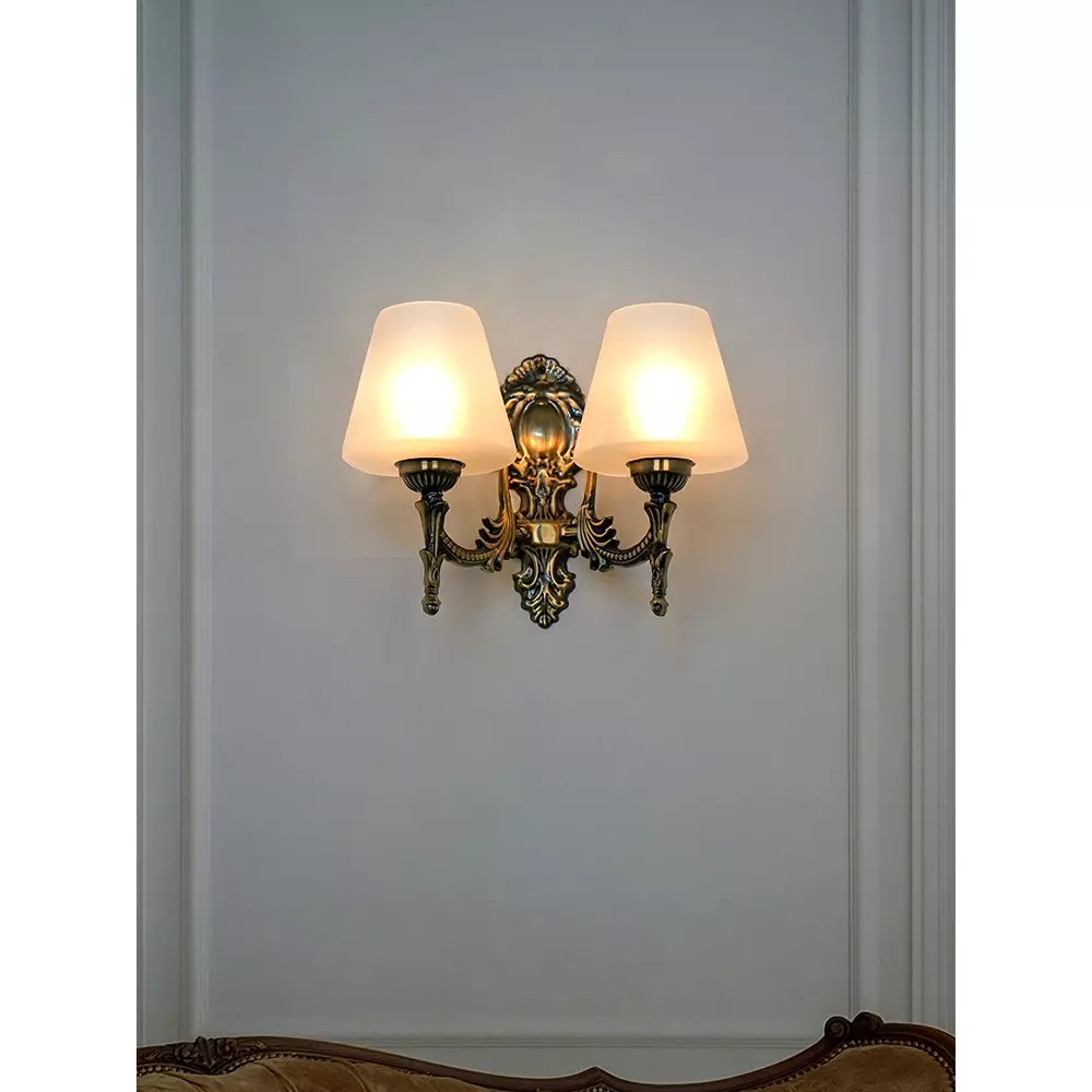 Fos Lighting Wall Light 40 W Mild Steel Brass Antique, Corn-MS-BRSA-TaperFrost-WL2