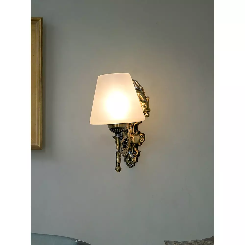 Fos Lighting Wall Light 40 W Mild Steel Brass Antique, Corn-MS-BRSA-TaperFrost-WL1