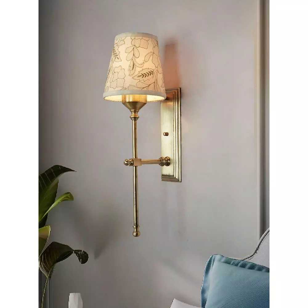 Fos Lighting Transitional Long Wall Sconce Light with Pastel Green Embroidered Shade Brass Antique Finish 40 W