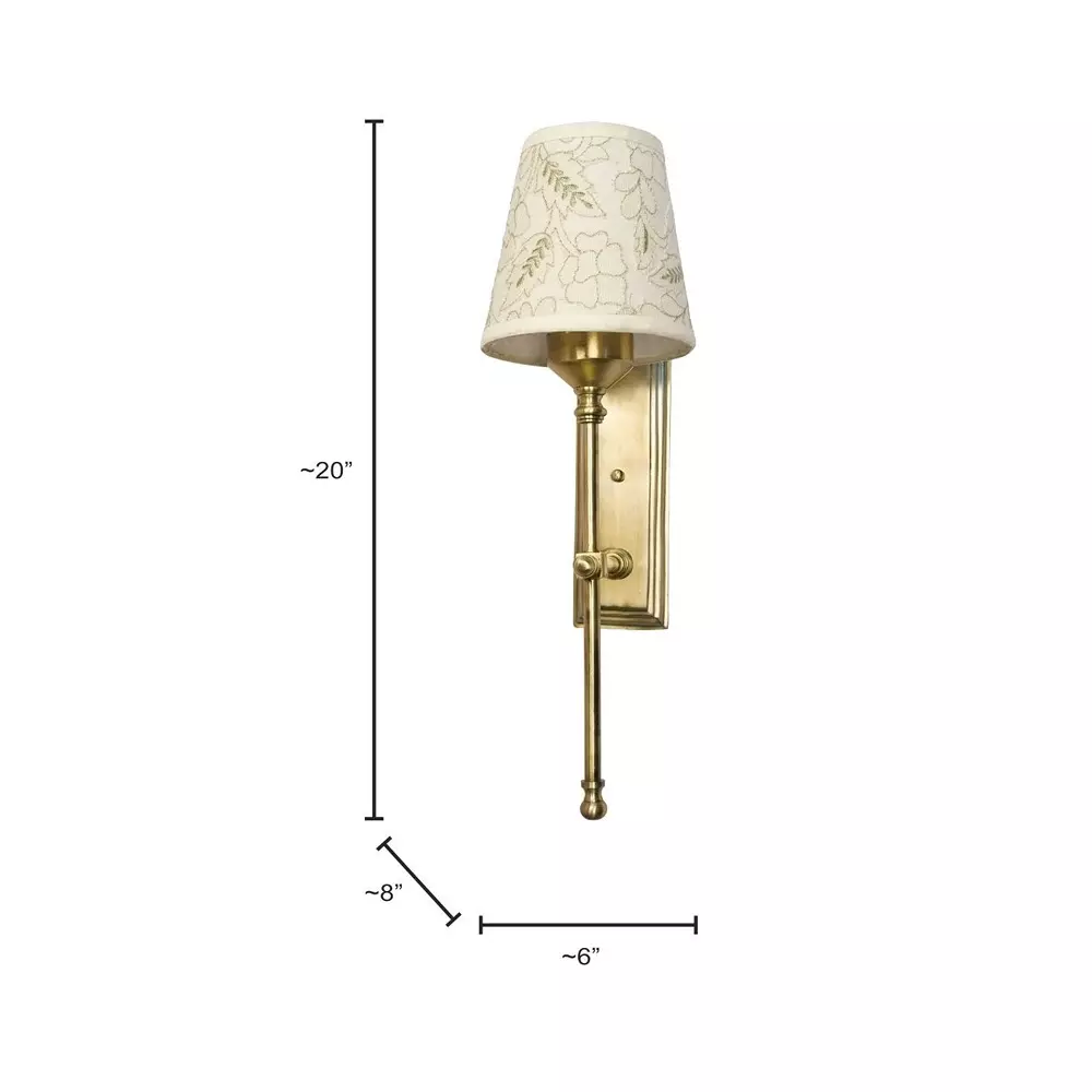 Fos Lighting Transitional Long Wall Sconce Light with Pastel Green Embroidered Shade Brass Antique Finish 40 W