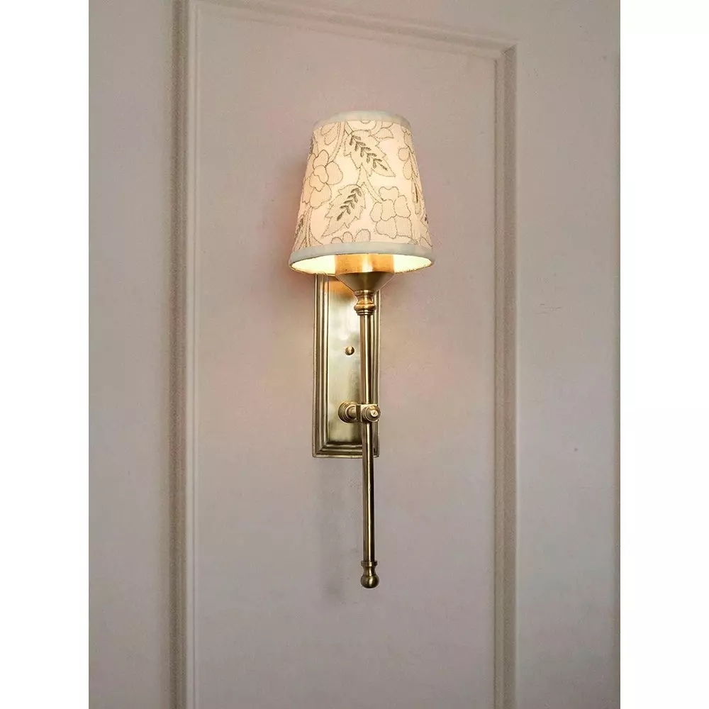Fos Lighting Transitional Long Wall Sconce Light with Pastel Green Embroidered Shade Brass Antique Finish 40 W