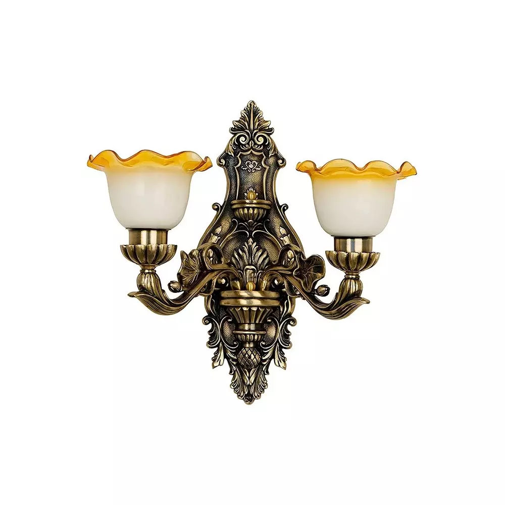 Fos Lighting Wall Sconce Light with Milky and Amber Rim Shades Ornate Brass Antique Finish 40 W