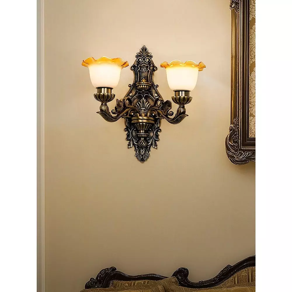 Fos Lighting Wall Sconce Light with Milky and Amber Rim Shades Ornate Brass Antique Finish 40 W