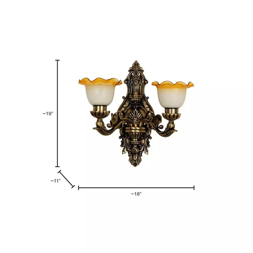 Fos Lighting Wall Sconce Light with Milky and Amber Rim Shades Ornate Brass Antique Finish 40 W