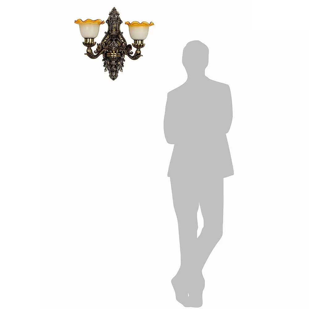 Fos Lighting Wall Sconce Light with Milky and Amber Rim Shades Ornate Brass Antique Finish 40 W