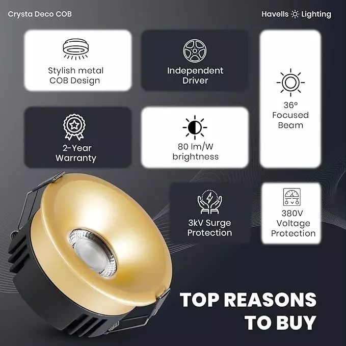 Havells 7 W Crysta Deco LED COB Light Sand Gold 4000 K 55 mm Cut Out Diameter and 45 mm Height, LHEEBEPDUE1O007