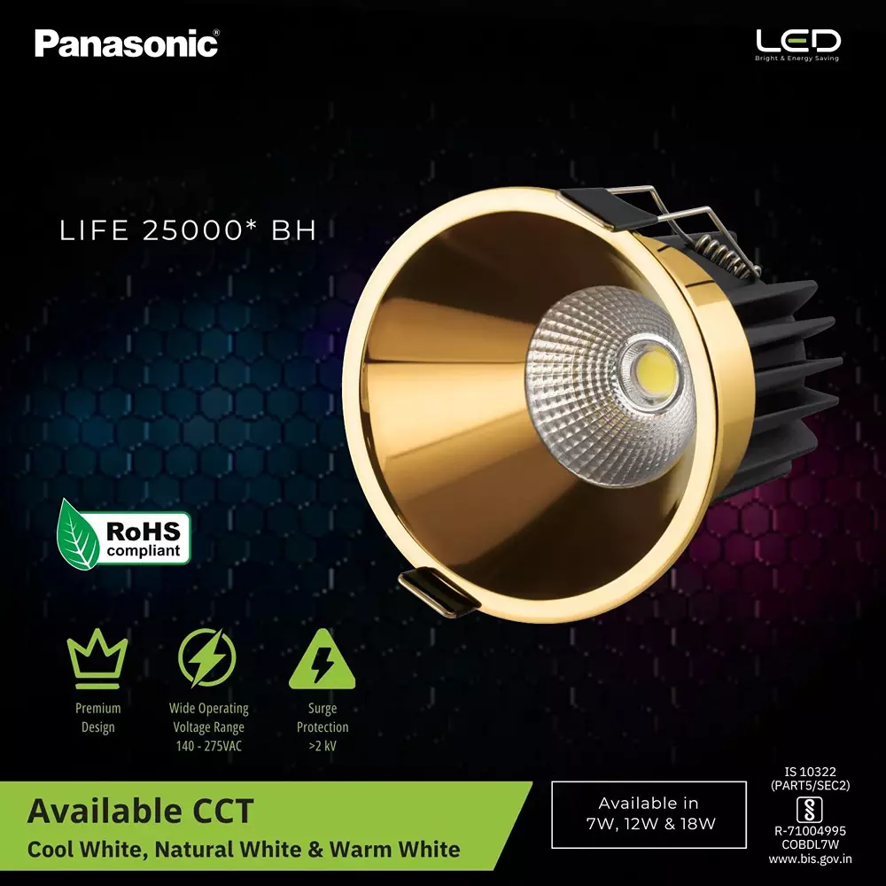 Panasonic Deep Recessed Cob Downlight Yellow Gold Reflector Color 12 W Natural White, PDLM45124