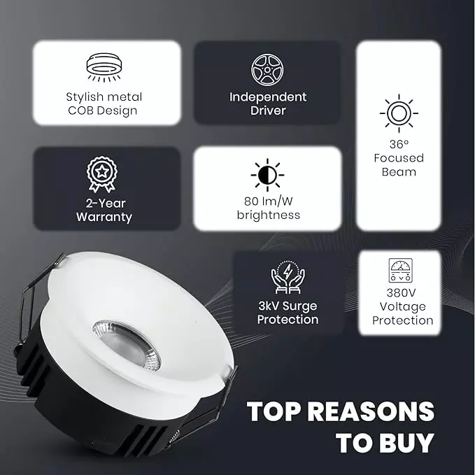 Havells 7 W Crysta Deco LED COB Light White 6000 K 55 mm Cut Out Diameter and 45 mm Height, LHEEBEPGUE1W007