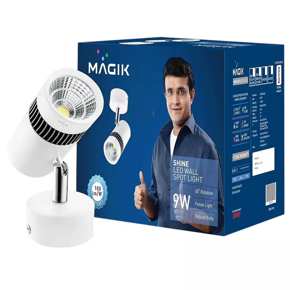 Magik 9 W Shine LED Wall Spotlight 3000 K Color Temperature E27 Base and Robust Polycarbonate Body, WSSH009W4103