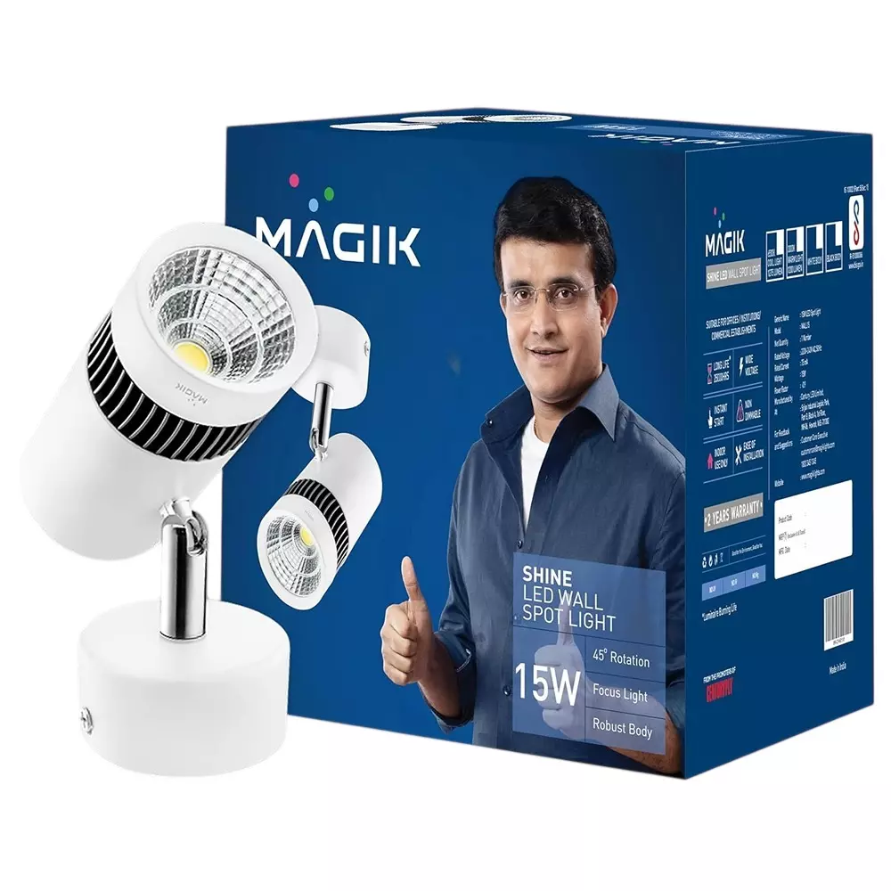 Magik 15 W Shine LED Wall Spotlight 3000 K Color Temperature E27 Base and Robust Polycarbonate Body, WSSH015W4105