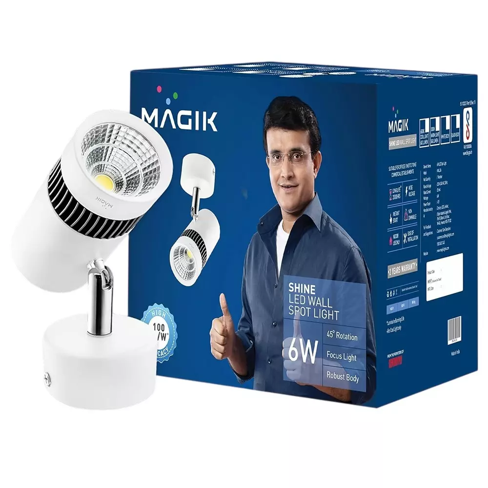 Magik 6 W Shine LED Wall Spotlight 6500 K Color Temperature E27 Base and Robust Polycarbonate Body, WSSH006C4100