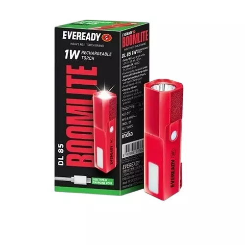 Eveready Boomlite Pocket Torch With Li-ion Battery 4 Lighting Modes ABS 1 W Power Red for Home & Office, DL 85