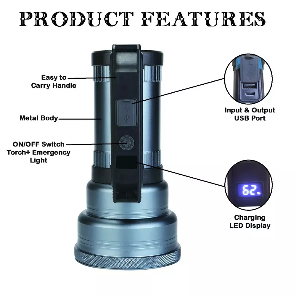 Renmax Searchlight Torch LED 6000 mAh Li-ion Battery 1200 Lumen Waterproof Aluminium
