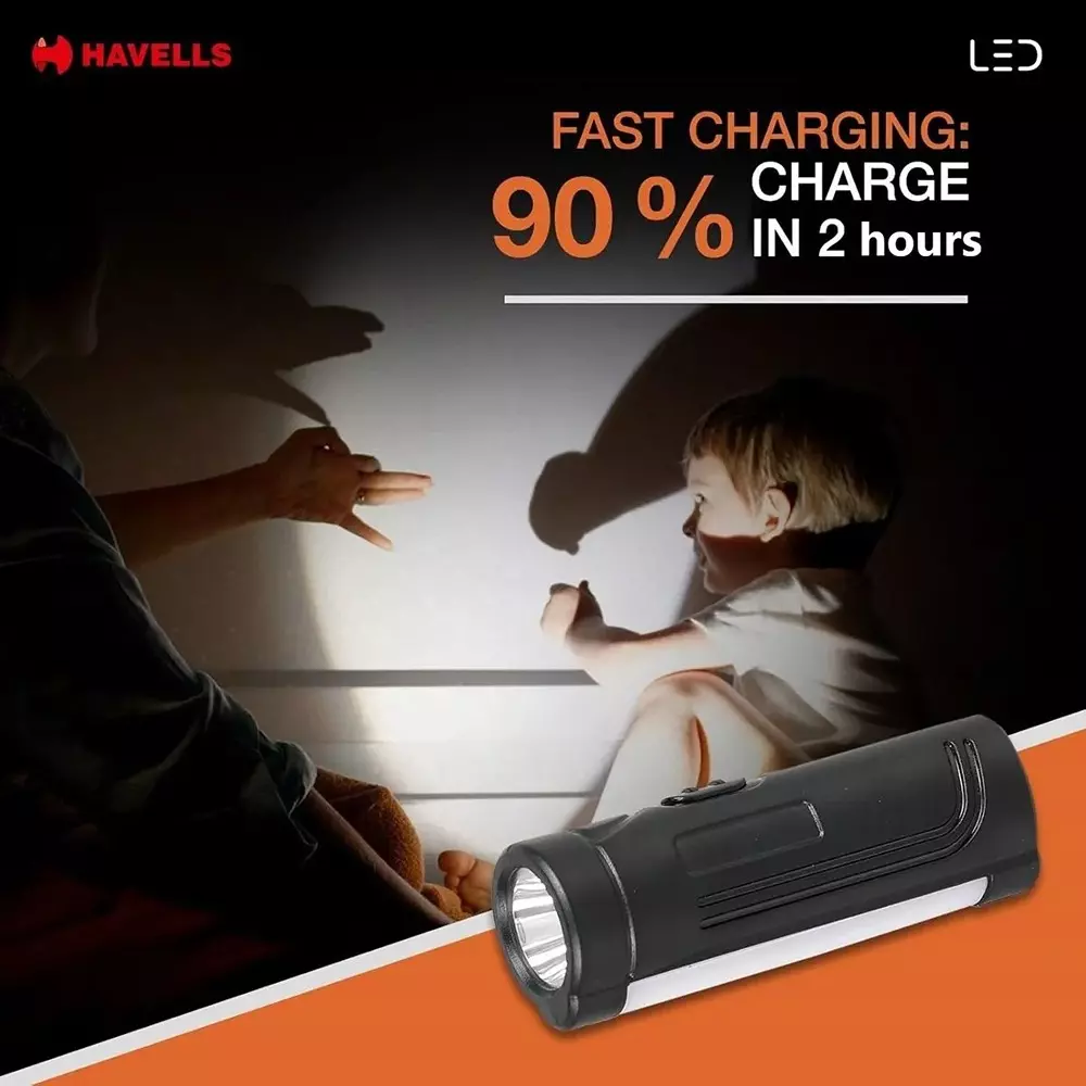 Havells 1 W LTS Beam Mini NXT 10 Rechargeable, Li-Ion Torch in Black, 3.7 V and 600 mAh Battery Capacity, LHEXAUPGCN1K001