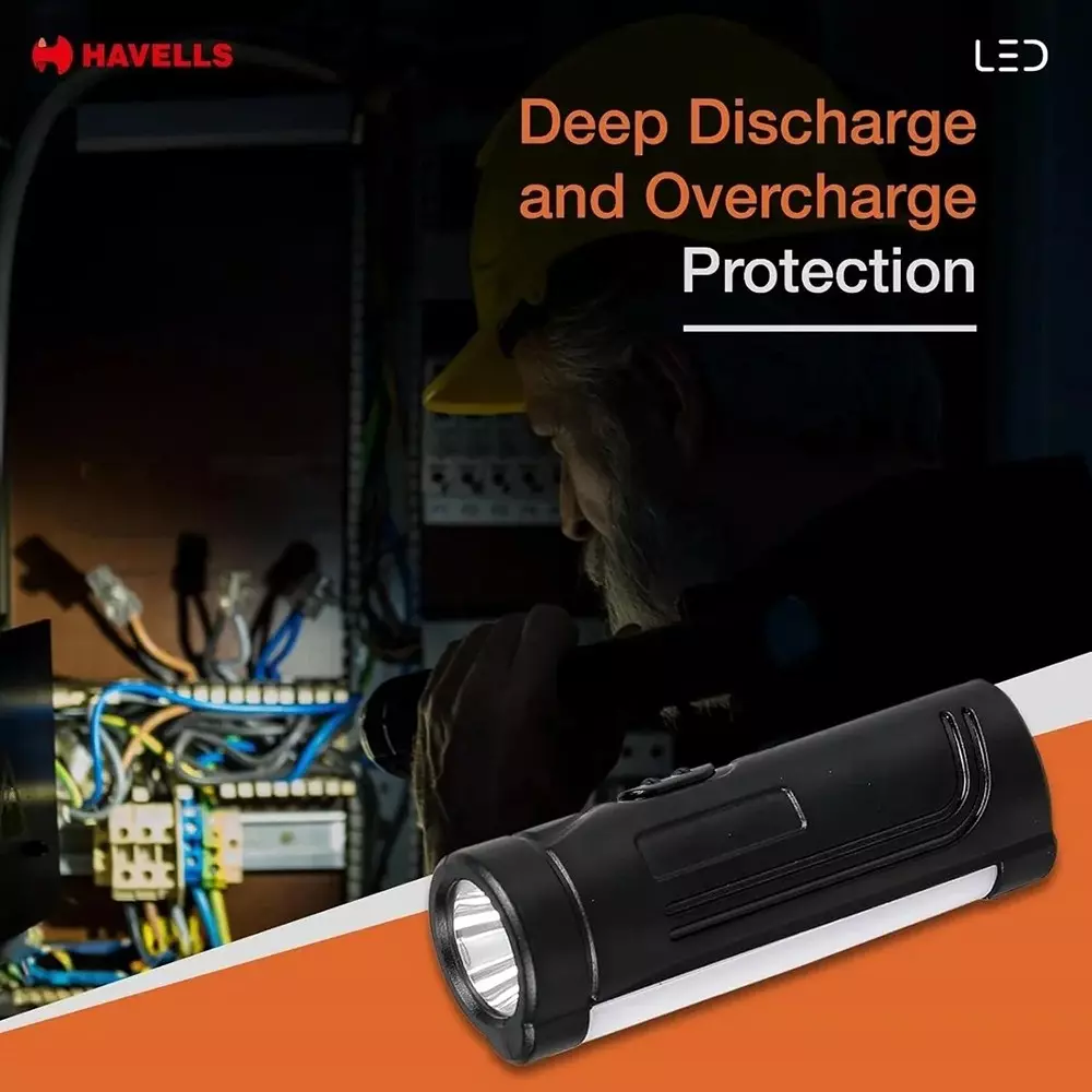 Havells 1 W LTS Beam Mini NXT 10 Rechargeable, Li-Ion Torch in Black, 3.7 V and 600 mAh Battery Capacity, LHEXAUPGCN1K001