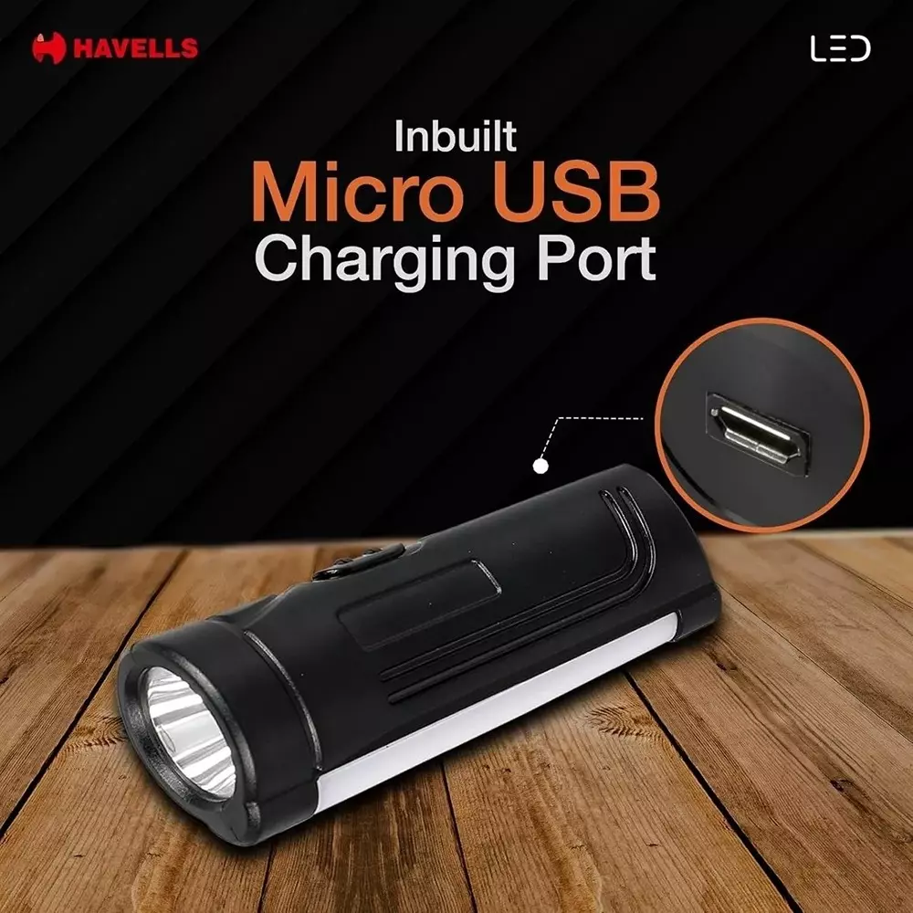 Havells 1 W LTS Beam Mini NXT 10 Rechargeable, Li-Ion Torch in Black, 3.7 V and 600 mAh Battery Capacity, LHEXAUPGCN1K001