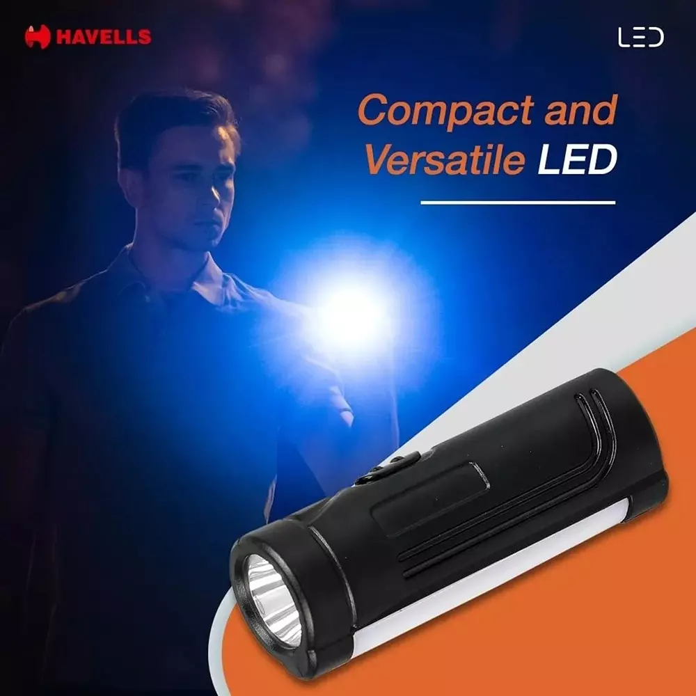 Havells 1 W LTS Beam Mini NXT 10 Rechargeable, Li-Ion Torch in Black, 3.7 V and 600 mAh Battery Capacity, LHEXAUPGCN1K001