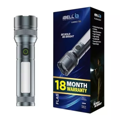 IBELL Luminex700 Rechargeable Torch Light Type C Charging 6 Light Mode Aluminium Grey