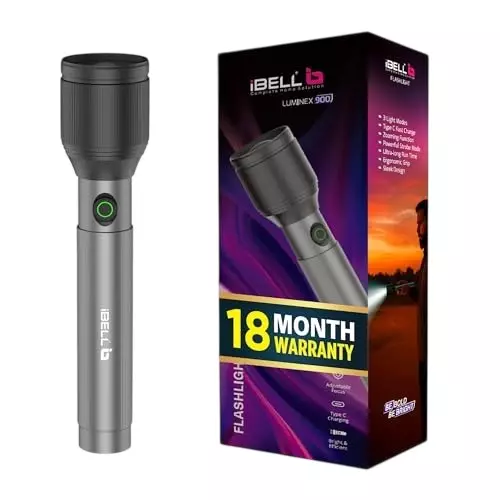 IBELL Luminex900 Rechargeable Torch Light Type C Charging 3 Light Mode Aluminium Grey