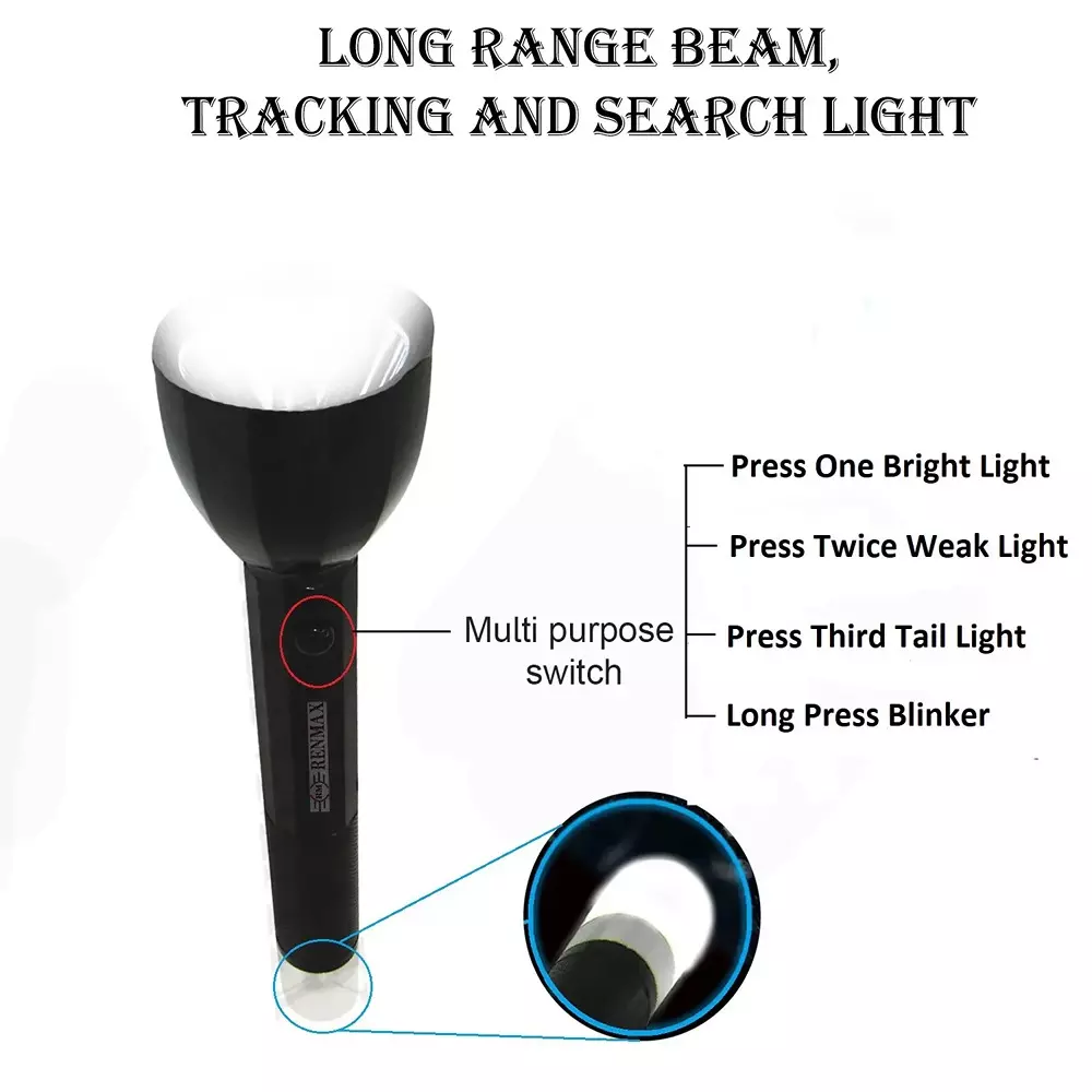 Renmax LED Flashlight Long Beam Torch 350 Lumen 1000 m Light Range Li-ion Battery C-Type ABS Plastic Black