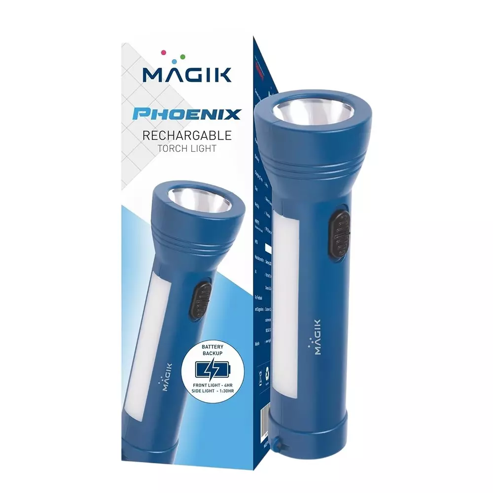 Magik 5 V Phoenix Rechargeable Torch 6500 K Color Temperature 4 Hour Battery Backup Blue Color, ACPRTB4393 (With Battery)