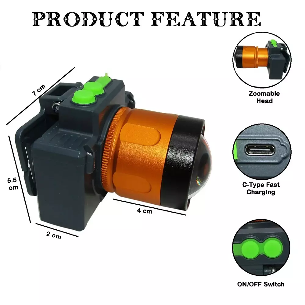 Renmax Bright Head Mount Torch 1800 mAh C-Type 1000 m Light Range Waterproof Abs, Anodized Aluminum