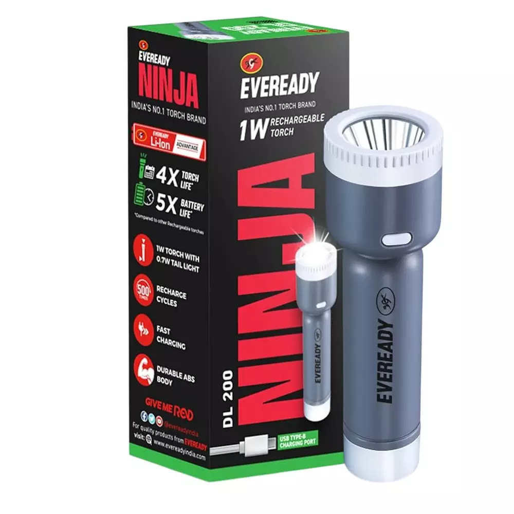 Eveready Ninja Modern Looking Pocket Torch With Li-ion Battery ABS 1 W Power Grey for Home & Office, DL 200