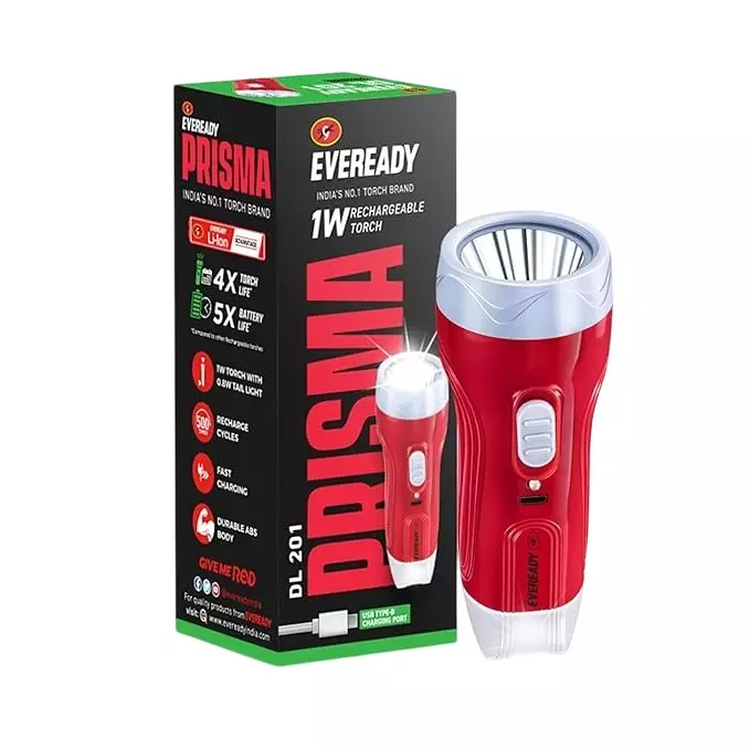 Eveready Prisma Pocket Torch With Li-ion Battery ABS 1 W Power Red for Home & Office, DL 201
