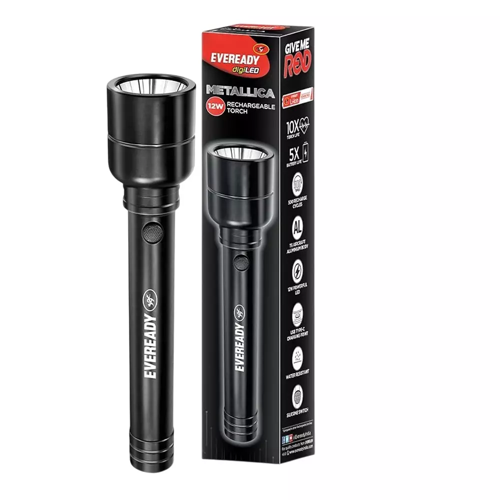 Eveready Metallica Robust Machined Torch With Li-ion Battery 5 Lighting Mode T6 Aircraft Grade Aluminium 12 W Power Power Black for Home & Office, DL 33