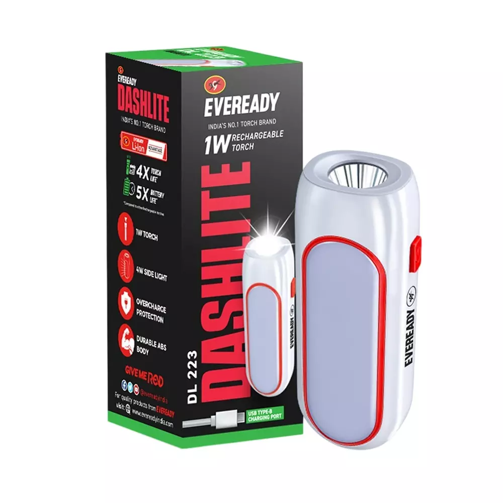 Eveready Dashlite Handheld Torch With Li-ion Battery ABS 1 W Power White for Home & Office, DL 223