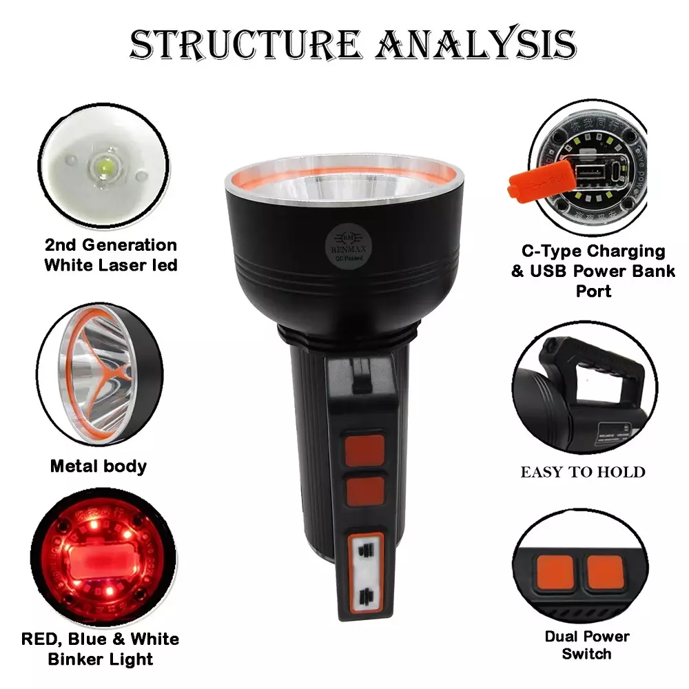 Renmax LED Flashlight Torch 1800 mAh C-Type 2 Km Light Range Waterproof Aluminum