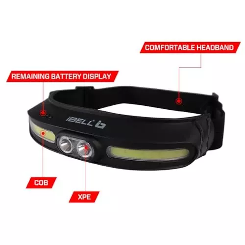 IBELL Headlamp Torch with Headband Type C Charging Lithium Ion 5 Light Mode Plastic Black