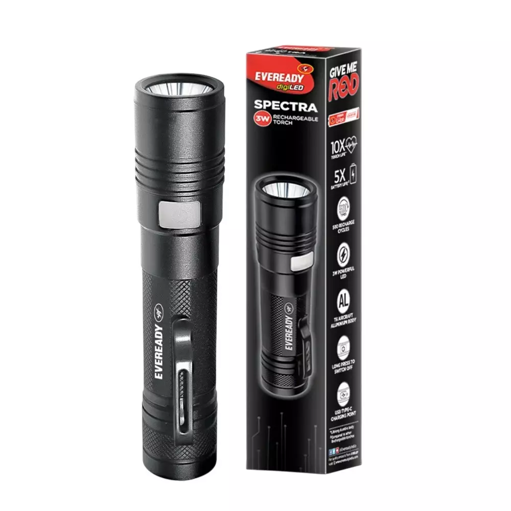 Eveready Spectra Robust Machined Torch With Li-ion Battery 5 Lighting Mode T6 Aircraft Grade Aluminium 3 W Power Black for Home & Office, DL 34