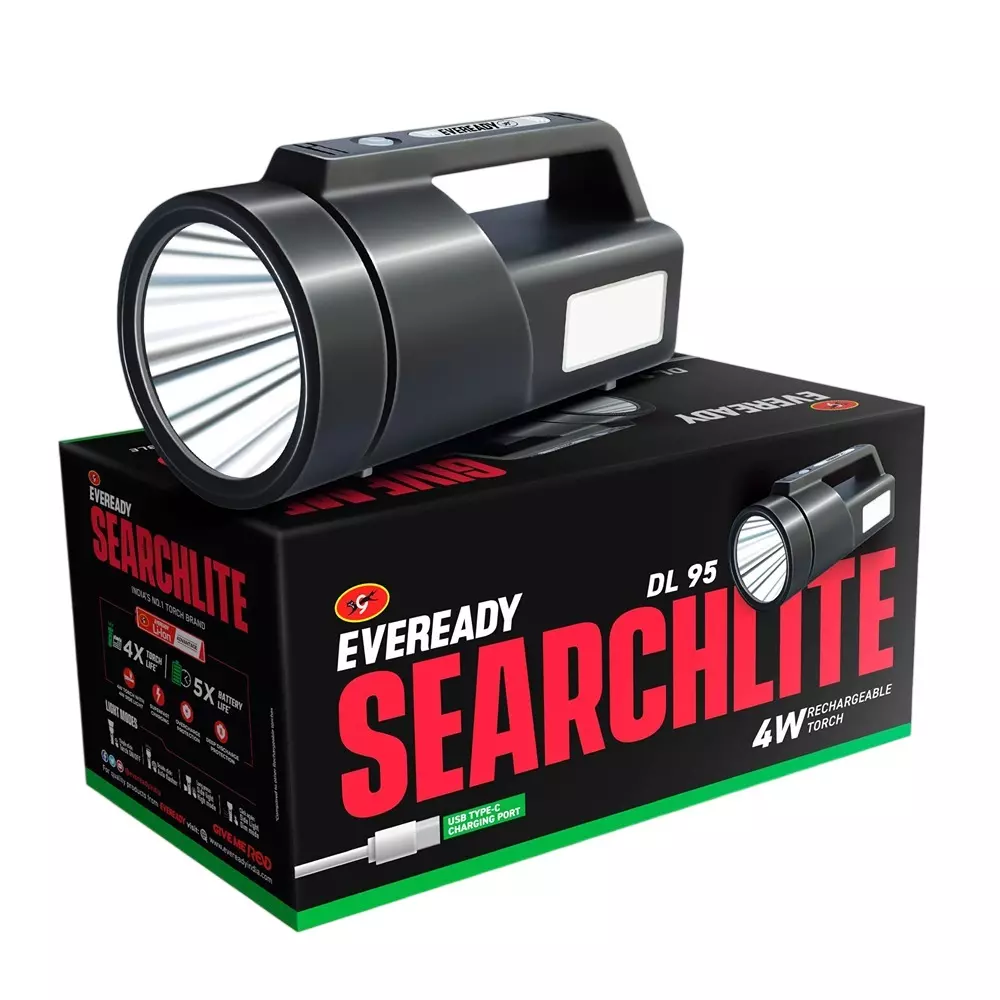 Eveready Searchlite Commander Torch With Li-ion Battery Ergonomic Handle 4 Lighting Modes ABS 3 W Power Black for Home & Office, DL 95
