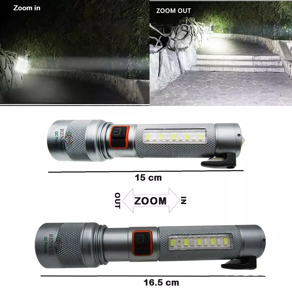 Renmax Beam Focus Zoom Torch 2000 mAh Li-ion Battery 800 Lumen 5-Light Modes Aluminum