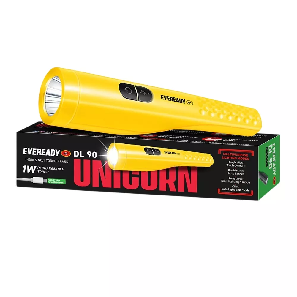 Eveready Unicorn Handheld Torch With Li-ion Battery 4 Lighting Modes ABS 1 W Power Yellow for Home & Office, DL 90