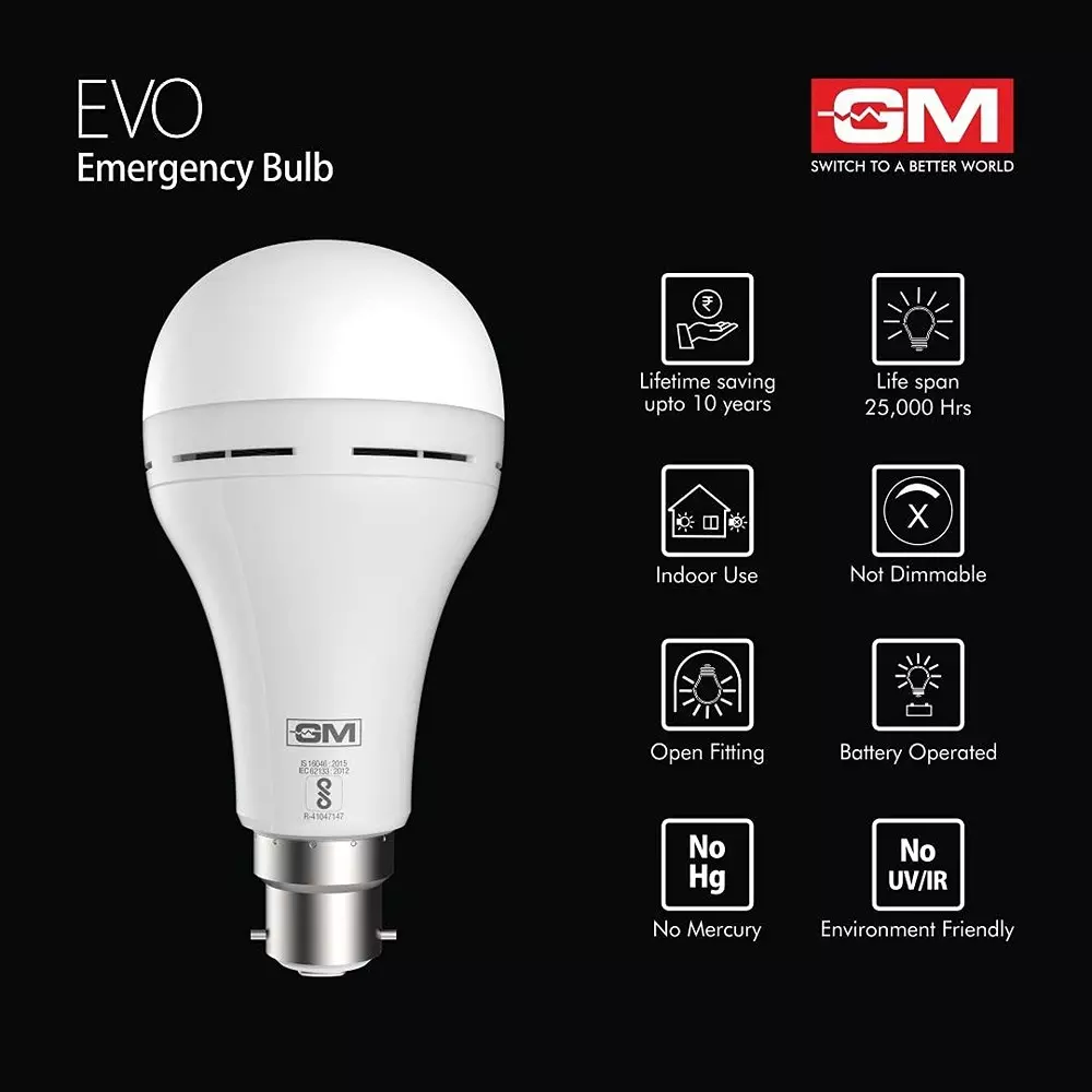 GM Evo LED Emergency Bulb 9 W White Light Colour B22D Bulb Base, GBA-9-ER-6K