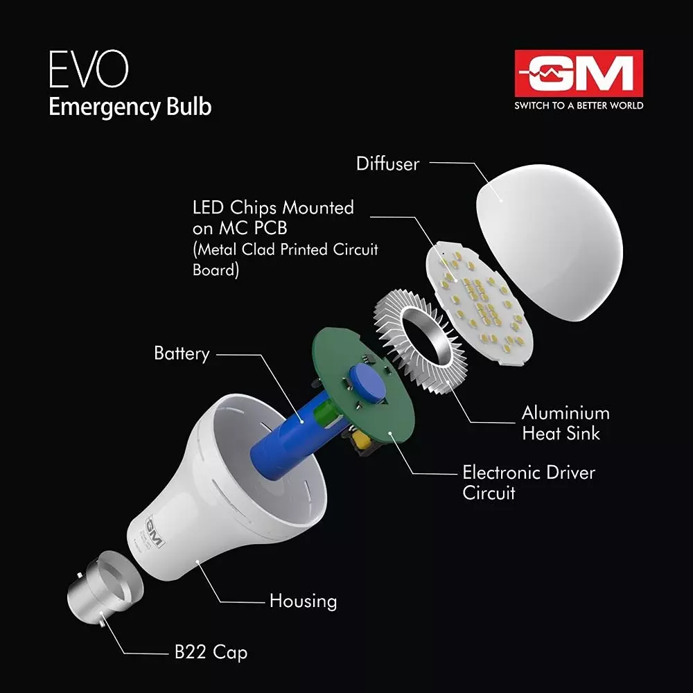 GM Evo LED Emergency Bulb 9 W White Light Colour B22D Bulb Base, GBA-9-ER-6K