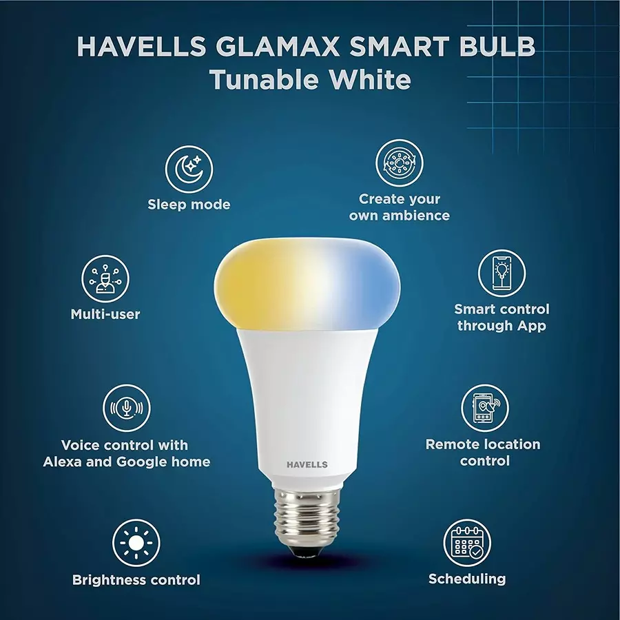 Havells Glamax 9 W Smart bulb E27 White 6500 K, LHLDAMHD3A8R009