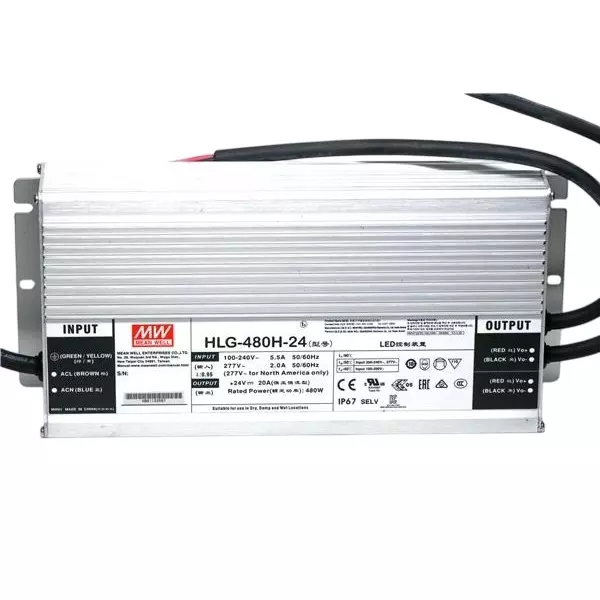Mean Well HLG-480H Series LED Drivers Power Supply 1 Output 171 mm (6.732 inch) Without Dimming, HLG-480H-24