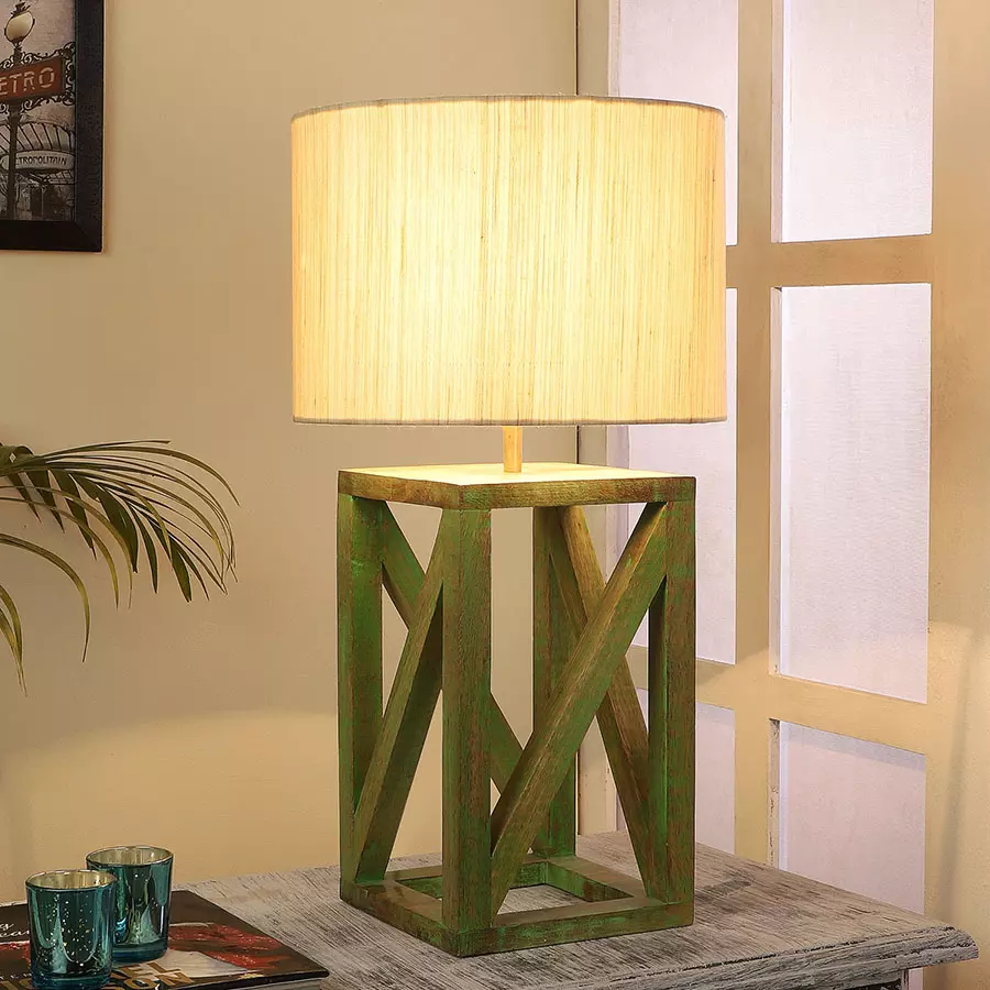 Tucasa SHS-138 Mango Wood Cotton B-22 Table Lamp 22 Inch (Green and Beige)