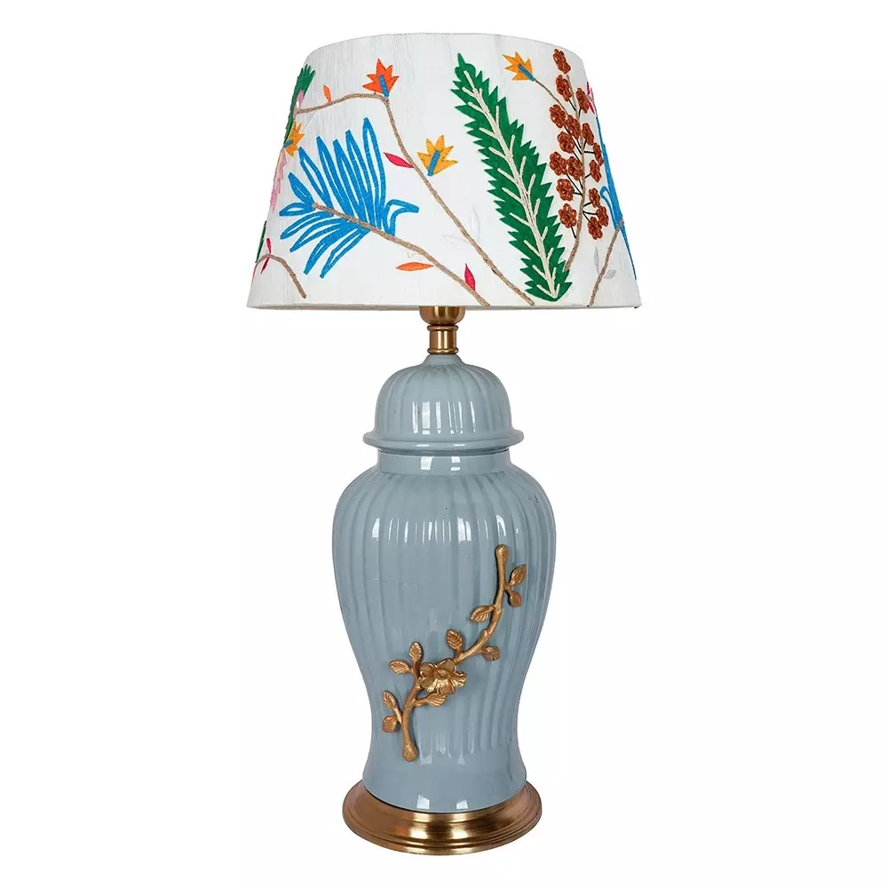 Fos Lighting Table Lamp Embroidered Grey Fluted Table Lamp with Golden Tree Branch