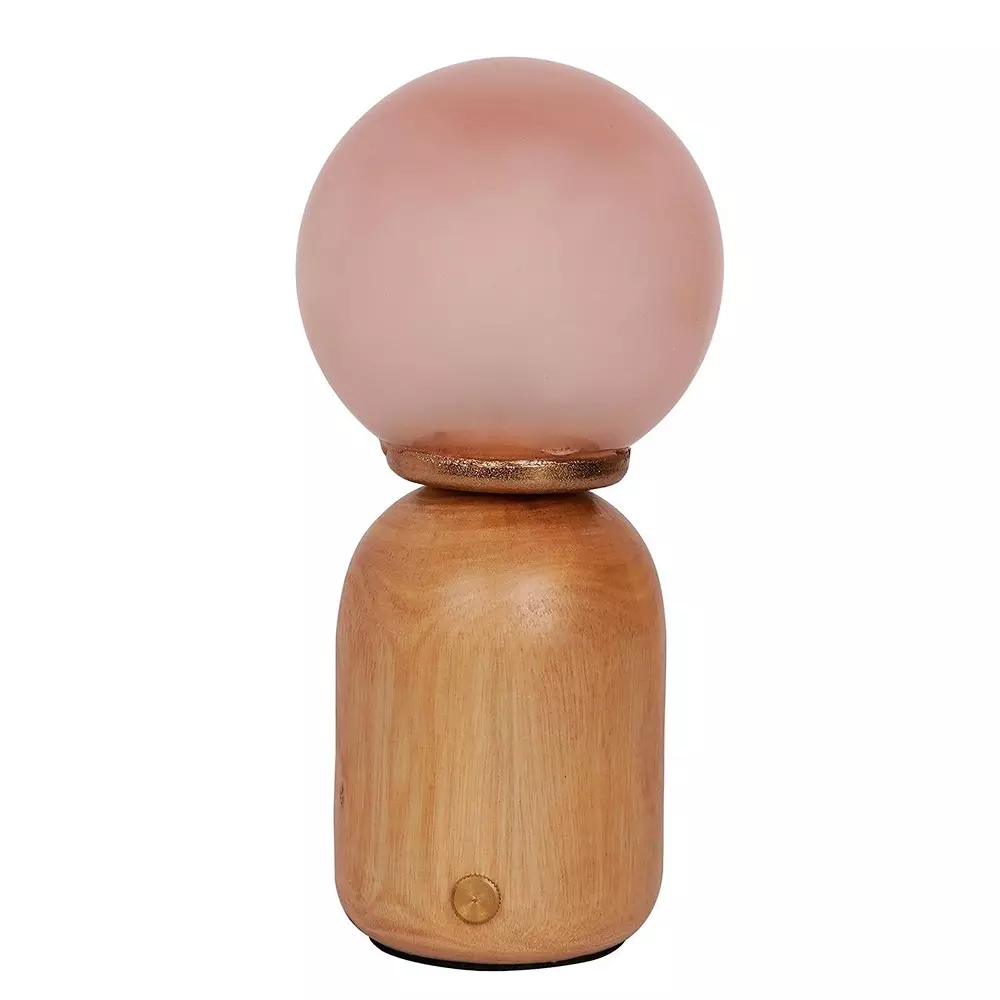 Fos Lighting Table Lamp Contemporary Wood & Pink Glass Rechargeable Touch Table Lamp