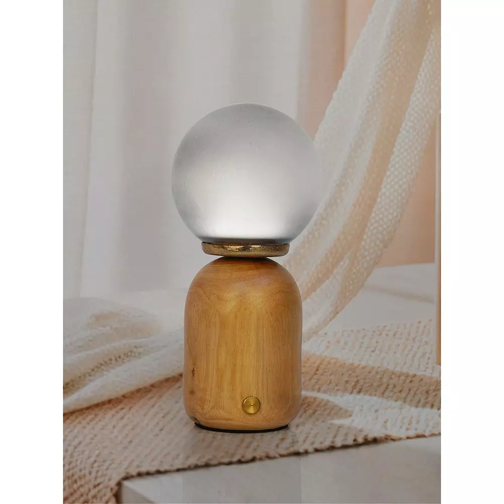 Fos Lighting Table Lamp Wood Capsule Touch-Activated LED Table Lamp with Smoky Frosted Glass